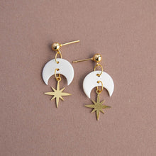 Load image into Gallery viewer, Celestial star drop earrings in midnight black - gold
