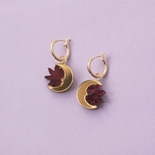 Load image into Gallery viewer, Daydream sun & moon hoop earrings - merlot red & gold