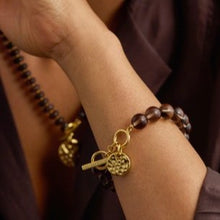 Load image into Gallery viewer, Hammered disc chunky smoky quarts t-bar bracelet - gold