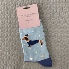 Load image into Gallery viewer, Festive sausage dogs socks - powder blue