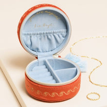 Load image into Gallery viewer, Celestial velvet mini round travel jewellery case - rust