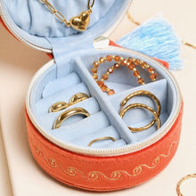 Load image into Gallery viewer, Celestial velvet mini round travel jewellery case - rust