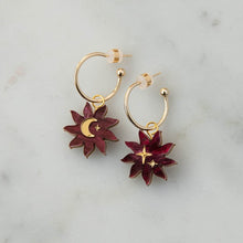Load image into Gallery viewer, Sleepy sun hoops - merlot red marble & gold