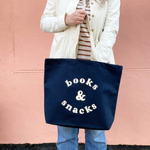 Load image into Gallery viewer, Books &amp; snacks tote bag - various colours
