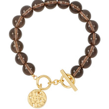 Load image into Gallery viewer, Hammered disc chunky smoky quarts t-bar bracelet - gold
