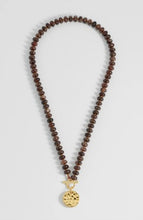 Load image into Gallery viewer, Hammered disc brown quartz T-bar necklace - gold
