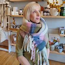 Load image into Gallery viewer, Olive &amp; pink tartan wool scarf
