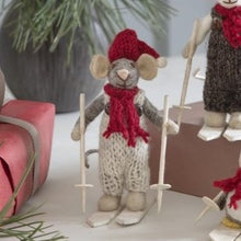 Load image into Gallery viewer, Grey boy mouse with white trousers on skis - small
