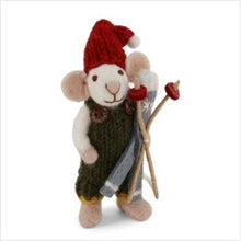 Load image into Gallery viewer, Xmas decs - white mouse w/ red dress &amp; ski - small
