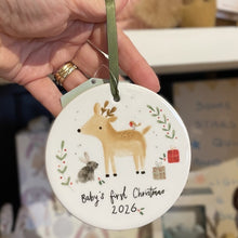 Load image into Gallery viewer, Xmas dec - baby's 1st Christmas reindeer &amp; rabbit ceramic dec
