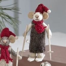 Load image into Gallery viewer, White boy mouse with brown trousers on skis - small
