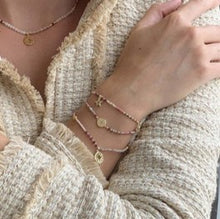 Load image into Gallery viewer, Handmade Flute pink &amp; gold gemstone stretch bracelet
