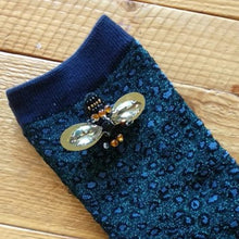 Load image into Gallery viewer, Cheetah luxe socks with bumblebee pin - midnight
