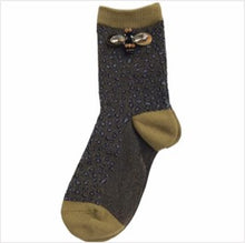 Load image into Gallery viewer, Cheetah luxe socks with bumblebee pin - olive
