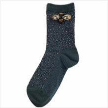 Load image into Gallery viewer, Cheetah luxe socks with bumblebee pin - olive

