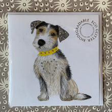 Load image into Gallery viewer, Life is just better with a dog.... Cheeky Jack Russell Terrier with silver sparkling biodegradable eco glitter collar, ears and tail, a great card for the dog lover in your life.
