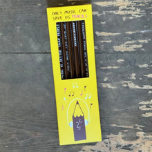 Load image into Gallery viewer, Featuring the wry witticisms of 'Sharp&amp;Blunt', these 'only music can save us' pencils are a great way to start your own literary masterpiece!
