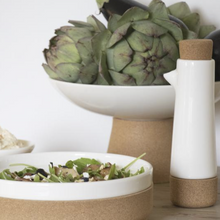 Load image into Gallery viewer, A white contemporary oil and balsamic vinegar dispenser bottle would look stylish in any kitchen.  Made from pottery &amp; cork
