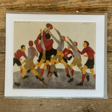 Load image into Gallery viewer, This linocut card titled 'Football, 1936' by artist Ethel Spowers is great to give to that football fan in your life.
